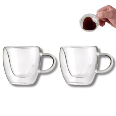 Imagem de Jogo Com Duas Xícaras Coração Vidro Duplo 80ml Resistente Térmica, Colher de coração mais Descanso de Xicára Borossilicato Heart Para Mesa Posta