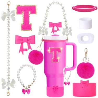 Imagem de Conjunto de acessórios de copo Stanley rosa de 9 peças para copo de 850 g 1,134 g com alça, inclui alça de pérola, topos de palha e bota de laço, pingentes de decoração, adesivo de letra, tampas à