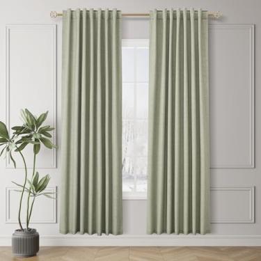 Imagem de Cortinas pretas verde-sálvia de 203 cm de comprimento com isolamento térmico de linho texturizado para quarto, sala de estar, aba traseira, bolso para varão, moderna, casa de fazenda, decoração de