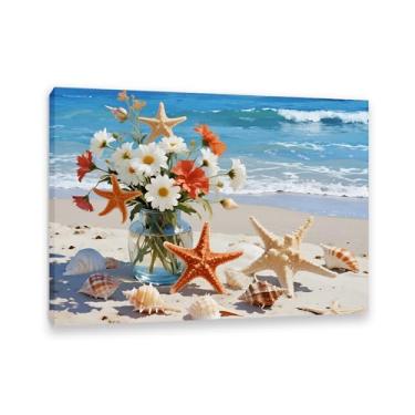 Imagem de Arte de parede em tela azul oceano praia concha estrela do mar flor em vaso vintage costa oceânica quadros de imagem impressões pintura arte decoração de parede para banheiro, sala de estar, quarto