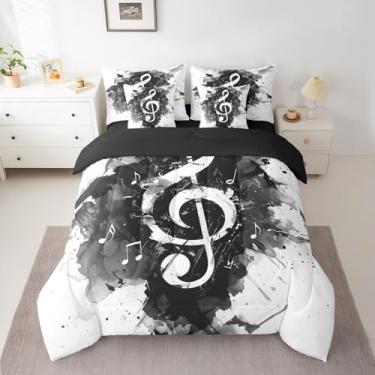Imagem de Feelyou Jogo de cama casal com edredom e instrumentos de violão, para meninos e meninas, adolescentes, preto e branco, 7 peças, microfibra leve
