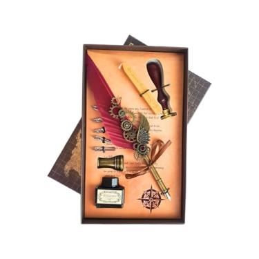 Imagem de Kit Caneta Tinteiro Pena Engrenagem Vermelho Com Carimbo