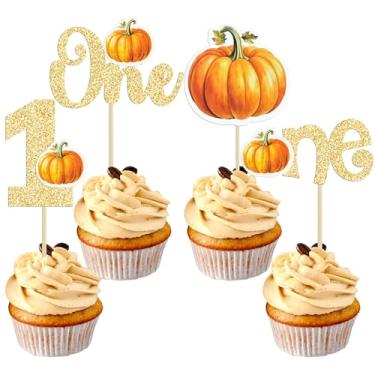 Imagem de Gyufise 24Pcs Pumpkin One Cupcake Toppers First Birthday Cake Topper Decorations Fall Birthday Party Cupcake Picks for Pumpkin 1st Birthday Party Decoration Supplies Orange Gold