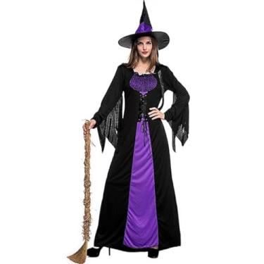Imagem de yolsun Fantasia de bruxa feminina, vestido de bruxa malvada, fantasia de bruxa de bruxa, Halloween, Fantasma roxo preto, M