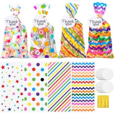 Imagem de 100 unidades de sacos de guloseimas de celofane arco-íris com etiquetas de presente brancas sacos transparentes para lembrancinhas de festa com 100 laços torcidos para doces, biscoitos, aniversário
