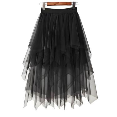 Imagem de Saia de tule de malha feminina Onlybridal formal assimétrica de cintura elástica comprimento médio, Preto, One Size