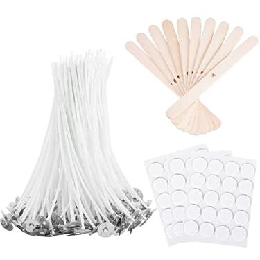 Imagem de Antunihood Bulk Candle Wicks 100 peças com 60 peças adesivos de pavio de vela e 10 peças de dispositivo de centralização de pavio de vela de madeira para fabricação de velas de cera de abelha de soja