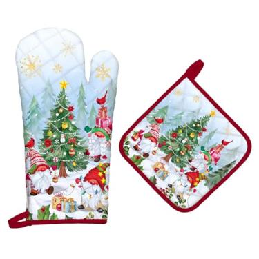 Imagem de Arquiel Conjuntos de luvas de forno e suportes de panela para gnomos de inverno, 2 peças, 100% algodão, resistentes ao calor, luvas de forno extralongas para cozinha, cozinha, decoração de panificação