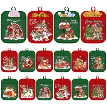 Imagem de Jingmore 12 peças de suportes de panela de Natal com bolso vermelho verde para cozinha, Papai Noel, boneco de neve, almofadas quentes e luvas de forno, lindas luvas de forno para casa de fazenda