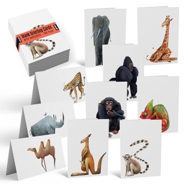 Imagem de Pacote com 100 cartões comemorativos para todas as ocasiões, cartões de notas em branco sortidos, 10 x 15 cm, 10 desenhos de animais selvagens fofos e divertidos, em branco dentro, da Better Office Products, com envelopes, pacote com 100