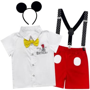 Imagem de Wosixima Baby Mouse Costume First Birthday Outfit Set, 4-Piece with Shirt, Shorts, Polka dot suspenders and Ears, White and Red, 18-24 Months