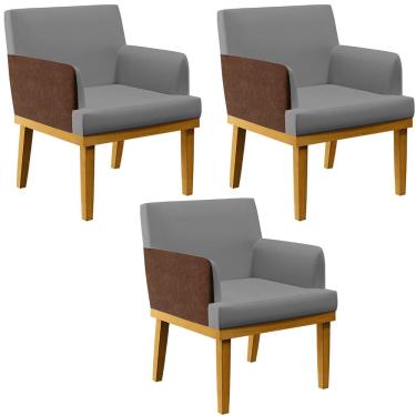 Imagem de Kit 3 Poltronas Decorativas Sala Estar Beatriz W01 Linho Cinza Escuro Couríssimo Marrom - Lyam Decor