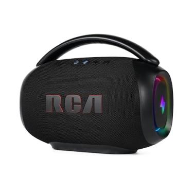 Imagem de RCA RS-FR213 Mini Caixa de Som Bluetooth 5.3 Portátil 90W – Luzes LED Multimodo Sincronizadas com a Música, USB/AUX/FM, Bateria 8h, Alça para Transporte, Som Potente para Casa e Festa