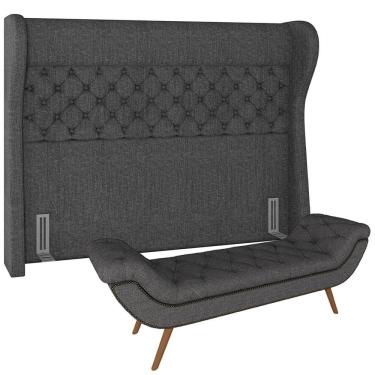 Imagem de Kit Cabeceira Cama Box Casal 140 cm Madrid com Puff Recamier Santorini P05 Linho Cinza Escuro - Lyam Decor