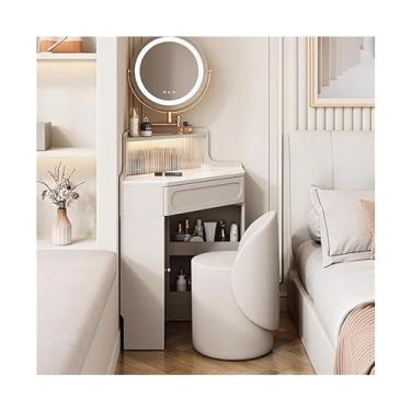 Imagem de Escrivaninha de penteadeira Penteadeira de canto com espelho e luzes, conjunto penteadeira moderna para quarto/vestiário, armário vidro, branca(Pequeno)