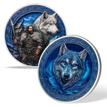 Imagem de deDecoml Moeda de runa viking com Odin e símbolos sagrados abraçam força, sabedoria e proteção (Wolf and Warrior)