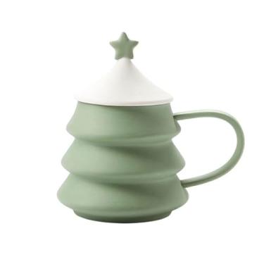 Imagem de Caneca criativa verde copo de árvore de Natal resistente ao calor caneca de cerâmica coberta por micro-ondas xícara de café presente de natal caneca de café