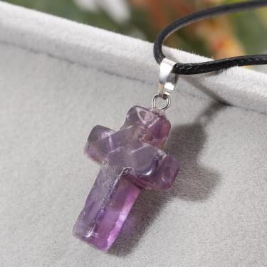 Imagem de Colar de cruz de cristal de pedra natural ametista transparente quartzo cereja quartzo amarelo ágata verde aventurina cruz colar para mulheres e homens, one size, Cristal, Sem Pedra Preciosa
