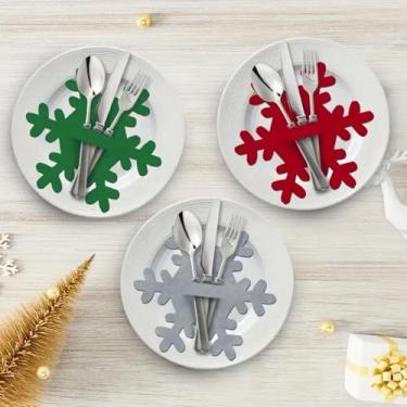Imagem de Conjunto de 12 peças de garfo de faca de floco de neve - 13 cm × 15 cm tapetes de feltro espessos para decoração de mesa de Natal com ranhura para faca/garfo