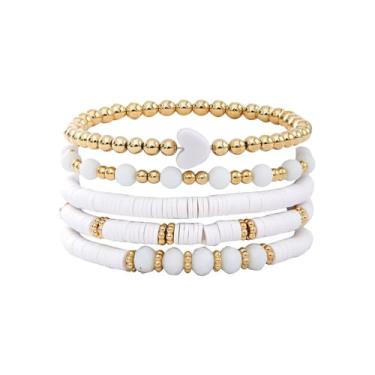 Imagem de Conjunto de pulseiras femininas com contas modernas empilháveis retrô boêmio coração elástico joias amizade, One Size, Acrílico, Sem Pedra Preciosa