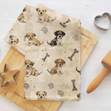 Imagem de Toalhas de cozinha em aquarela com pegada de cachorro, toalha de prato de microfibra absorvente decorativa vintage, toalhas de mão de waffle para casa de fazenda, casa de banho, presentes para amantes