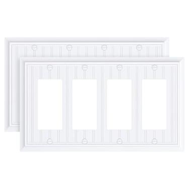 Imagem de Pacote com 2 capas de interruptor de parede decoradoras clássicas quadriciclo, placas decorativas brancas puras e tampas de tomada, placa de parede de fibra de bambu natural de 4 grupos para tomadas