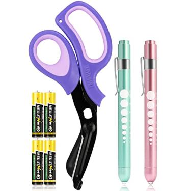 Imagem de MEUUT Pacote com 3 canetas de luz e tesouras médicas - dois lanternas médicas de LED, uma tesoura de trauma EMT de 19 cm com mosquetão. Suprimentos médicos para enfermeiros médicos EMT (tesoura roxa+luz verde Matcha e rosa clara)