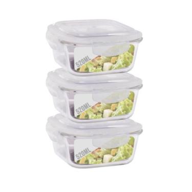 Imagem de Jogo 3 Pote Vidro 520ML Forno Microondas Quadrado Hermetico - QUALITY 