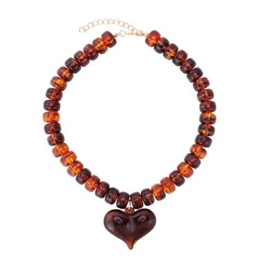 Imagem de HJGPL Colar gargantilha Boho com contas coloridas e grossas, pingente de coração, rosa, verde, amarelo, marrom, joia moderna, 16.0 Inches, Vidro Plástico, Sem Pedra Preciosa