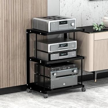 Imagem de WUHUQN Armário de exibição, suporte de mídia, rack de áudio, suporte de console de jogos, com rodas, prateleira de canto de suporte de mídia AV, com prateleiras de armazenamento, torre de suporte de