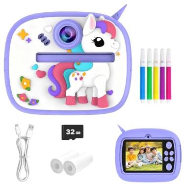 Imagem de Câmera infantil com impressão instantânea, CAMCLID Câmera de tela de 2,4 polegadas para crianças dinossauro câmera digital infantil com cartão de 32 GB e 3 rolos de papel, roxo