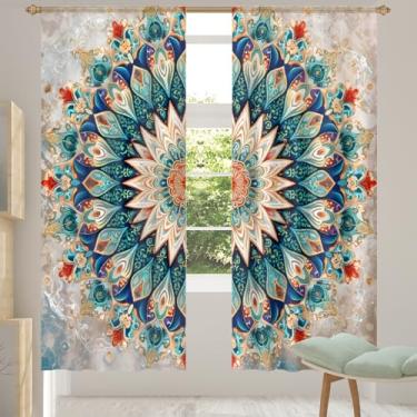 Imagem de 2 conjuntos de painéis de cortinas translúcidas étnicas de flor mandala, cortinas transparentes arejadas com filtro leve, painéis de cortina de porta e janela para sala de estar, quarto, jantar, 192