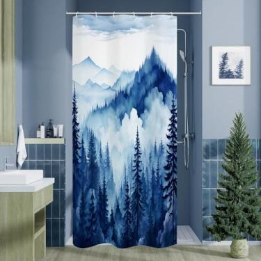 Imagem de Litabel Cortina de chuveiro azul marinho pequena tenda floresta de pinheiros enevoados 91 x 189 cm, paisagem de floresta nebulosa de montanha, cortinas de chuveiro estreitas de meio tamanho para