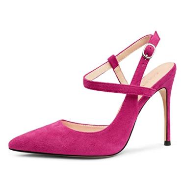 Imagem de COLETER Sandália feminina com fivela de 10 cm, tira no tornozelo, bico fino, fechada, escritório, casamento, sapatos, Camurça rosa choque, 41