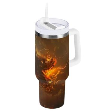 Imagem de xigua Copo vintage com estampa de dragão 1,134 g com tampa e canudo, aço inoxidável de vácuo duplo isolado garrafa de água esportiva suporte para copo de café de viagem à prova de vazamento para
