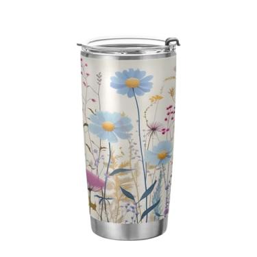 Imagem de xigua Copo de flores silvestres de jardim aquarela com tampa de palha, caneca de viagem a vácuo de parede dupla, caneca de café bem isolada, copo de aço inoxidável para bebidas quentes e frias, 600 ml