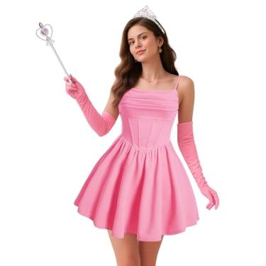 Imagem de Chicingyou 4 peças de fantasia feminina de bruxa rosa para cosplay de Halloween, vestido de princesa com luvas, varinha e coroa (tamanho G)