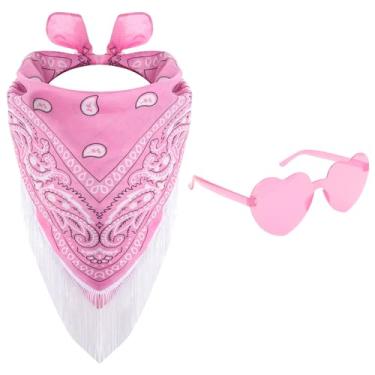 Imagem de Fumwase Bandana com franja, coração, óculos de sol, discoteca, vaqueira, menino, brilhante, bandanas para festa de despedida de solteira, bandanas brilhantes, cachecol de Halloween (rosa)