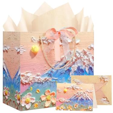 Imagem de Conjunto grande de bolsa de presente com desenho floral de pintura a óleo de 35 cm com cartão comemorativo, 2 papéis de seda e fita para comemorar aniversário, Natal, chá de bebê, festa infantil e
