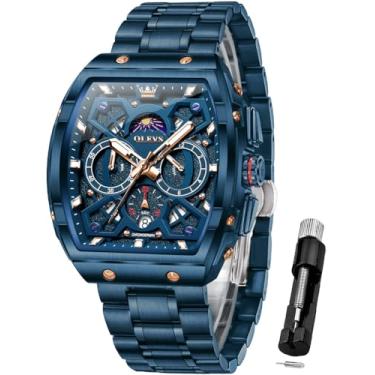 Imagem de OLEVS Relógio de pulso masculino quadrado de aço inoxidável à prova d'água luminoso em dois tons de quartzo, analógico, quartzo, data e diamante, G2942-azul, G2942-blue, relógio masculino