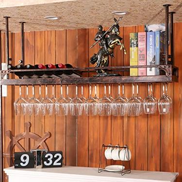 Imagem de APUM Rack de vinho de teto, altura ajustável, rack de armazenamento suspenso de ferro metálico, suporte de garrafa de vinho, suporte de taças, para bares/restaurantes/prateleira de exibição