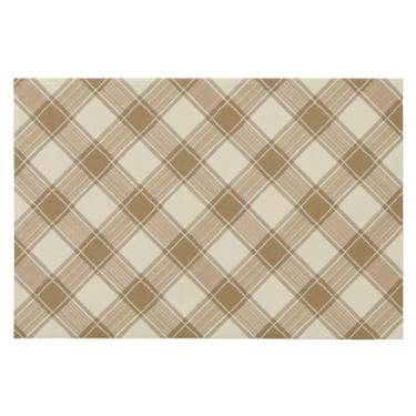 Imagem de Wassud Tapete de porta padrão xadrez marrom claro 61 x 89 cm, tapete de área lavável antiderrapante com suporte de borracha, tapete macio e macio para sala de estar, quarto, entrada, entrada