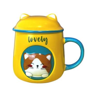 Imagem de Caneca de Porcelana 3D com Tampa e Colher Gatinho Amarela – Criativa, Fofa e Ideal para Café