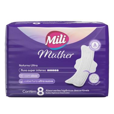 Imagem de Absorvente Mili Mulher Noturno Discreto Fluxo Super Intenso Ultra Suave com Abas 8 Unidades
