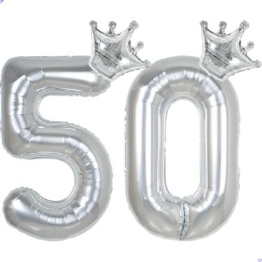 Imagem de 50 balões com números de 101 cm prata para decorações de aniversário de 50 anos para homens e mulheres, balões gigantes jumbo de 50 anos de Mylar