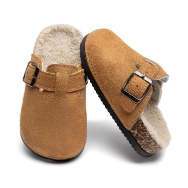 Imagem de Tamanco infantil com forro de lã Toddeler tamancos de camurça para meninos e meninas sandálias de cortiça com fivela ajustável mules, A1/marrom, 10 Toddler
