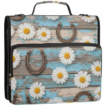 Imagem de Organizador de fichário com zíper, margaridas brancas, rústico, ferradura, 3 anéis, anel D de 3,5 cm, bolsa floral para fichários escolares com alça de ombro, portfólio e estojo, suporte para pasta de