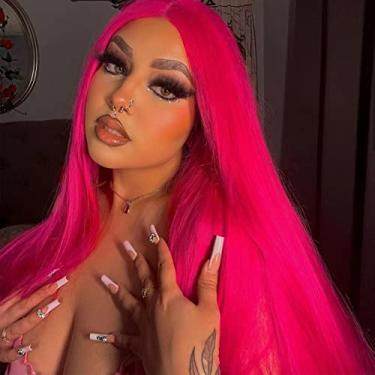 Imagem de Angle Lucky Peruca frontal de renda vermelha rosa para mulheres, longa, reta, rosa, rosa, cor natural, parte média, fibra sintética resistente ao calor, maquiagem diária, perucas macias de 61 cm