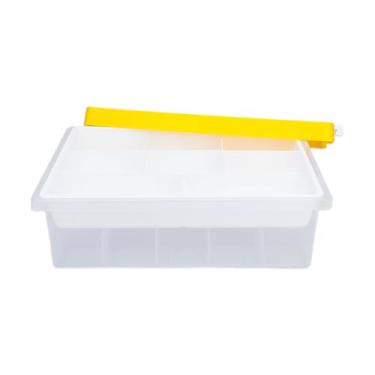 Imagem de JBESUHI Caixa organizadora de brinquedos – Caixa organizadora de plástico amarelo com tampa de placa de construção e bandeja removível, armazenamento empilhável de blocos de construção, caixa de