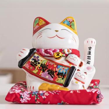 Imagem de FENNYYAR Maneki Neko e pequeno gato branco com caixa de presente, 18 cm, 17,8 cm, decorado com estátuas de Feng Shui